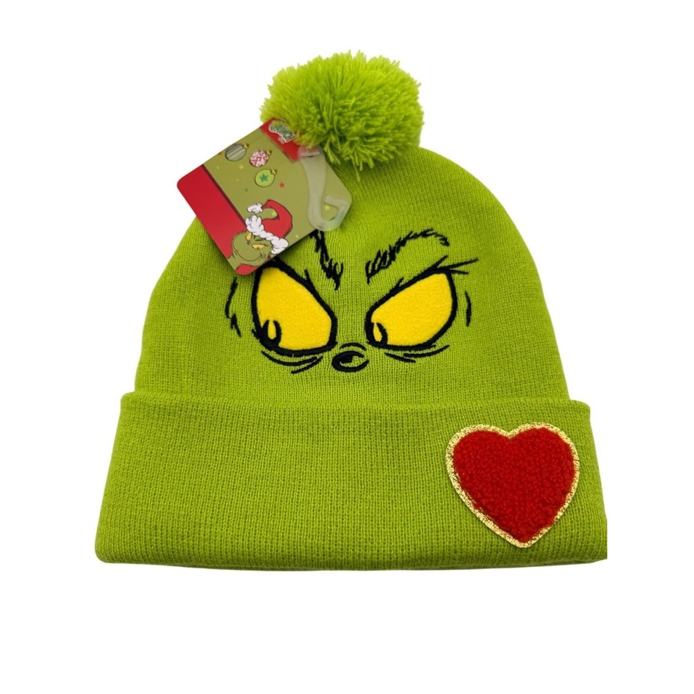 NEW How Grinch Stole Christmas Dr. Seuss Green Christmas Beanie Hat Heart Pom